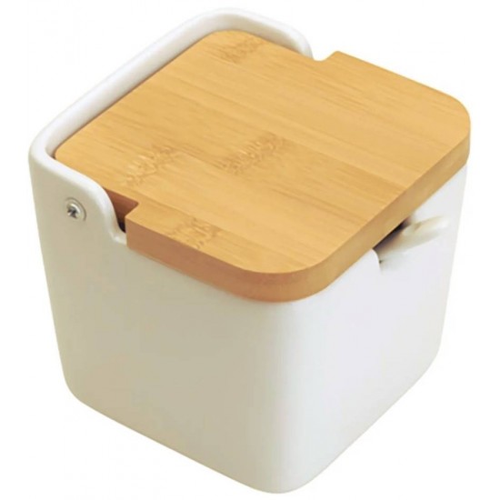 Saleiro 11x10x11cm De Mesa De Cerâmica C/Tampa De Bambu E Colher Bianco
